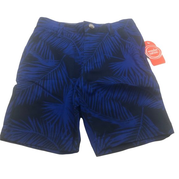 Wonder Nation Boy's Size 7 Adjustable Waist Flat Front Short Blue Palm Leaf New - Picture 1 of 13